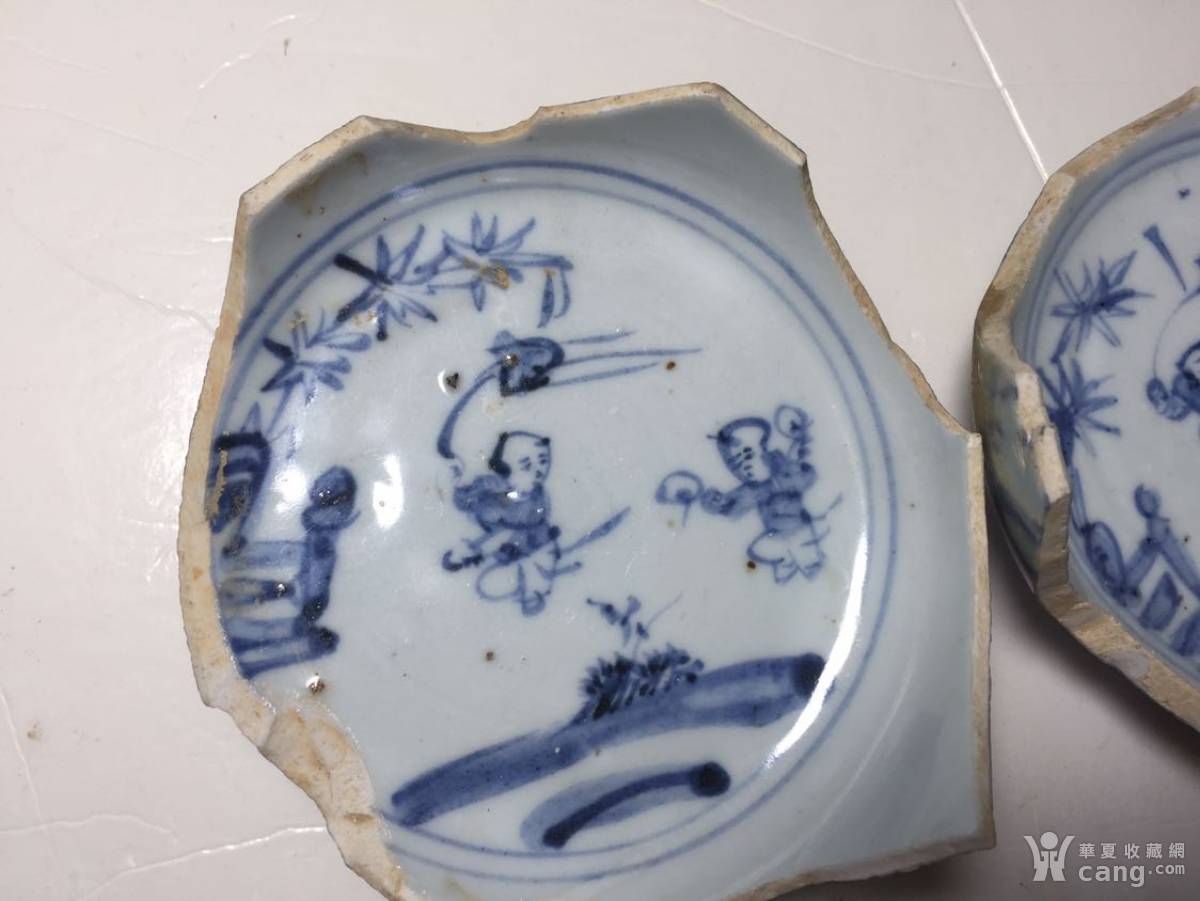 瓷器 明 明代青花放风争婴戏图瓷片一组