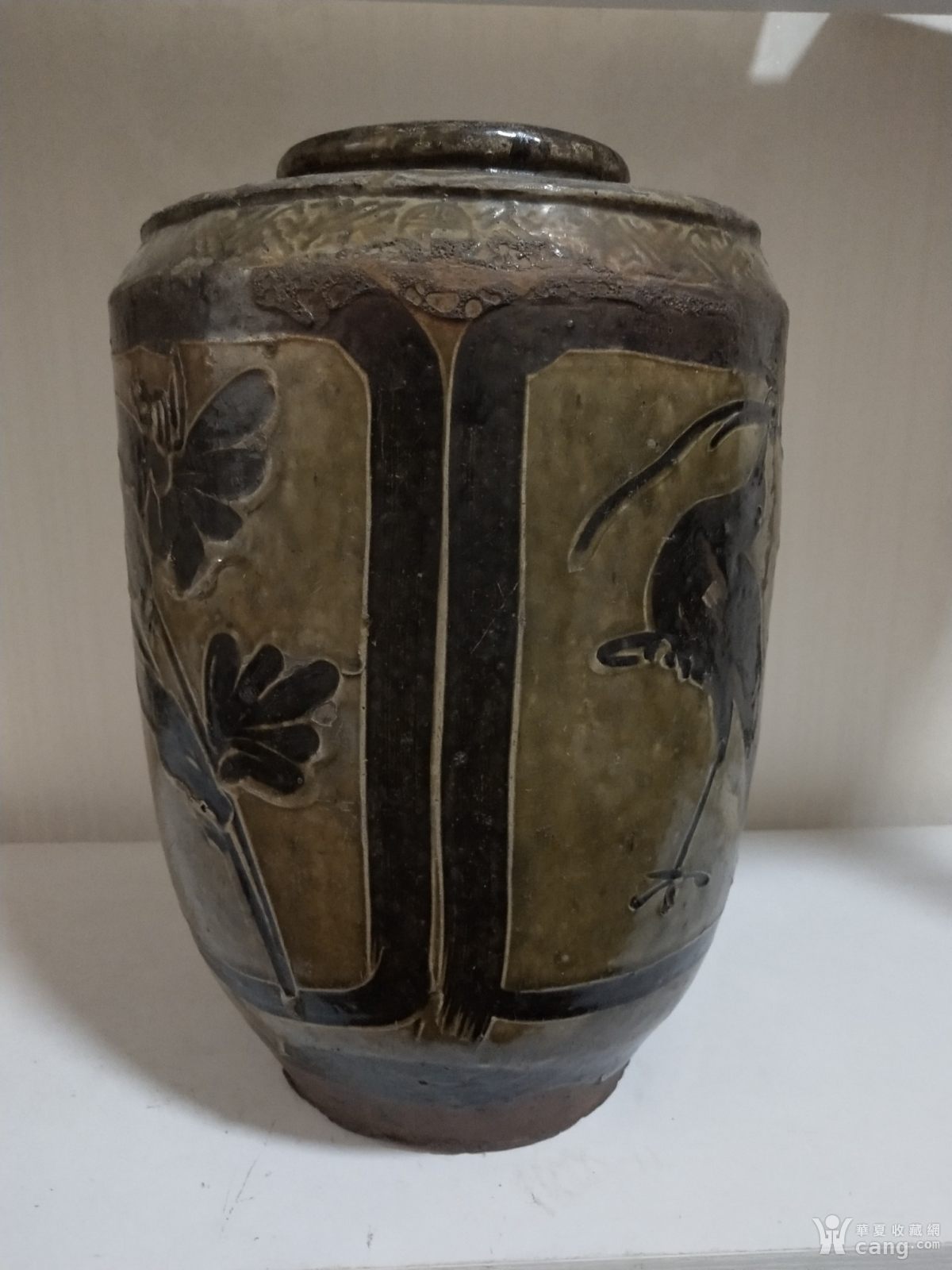 清代马口窑四开光花鸟纹大酒坛