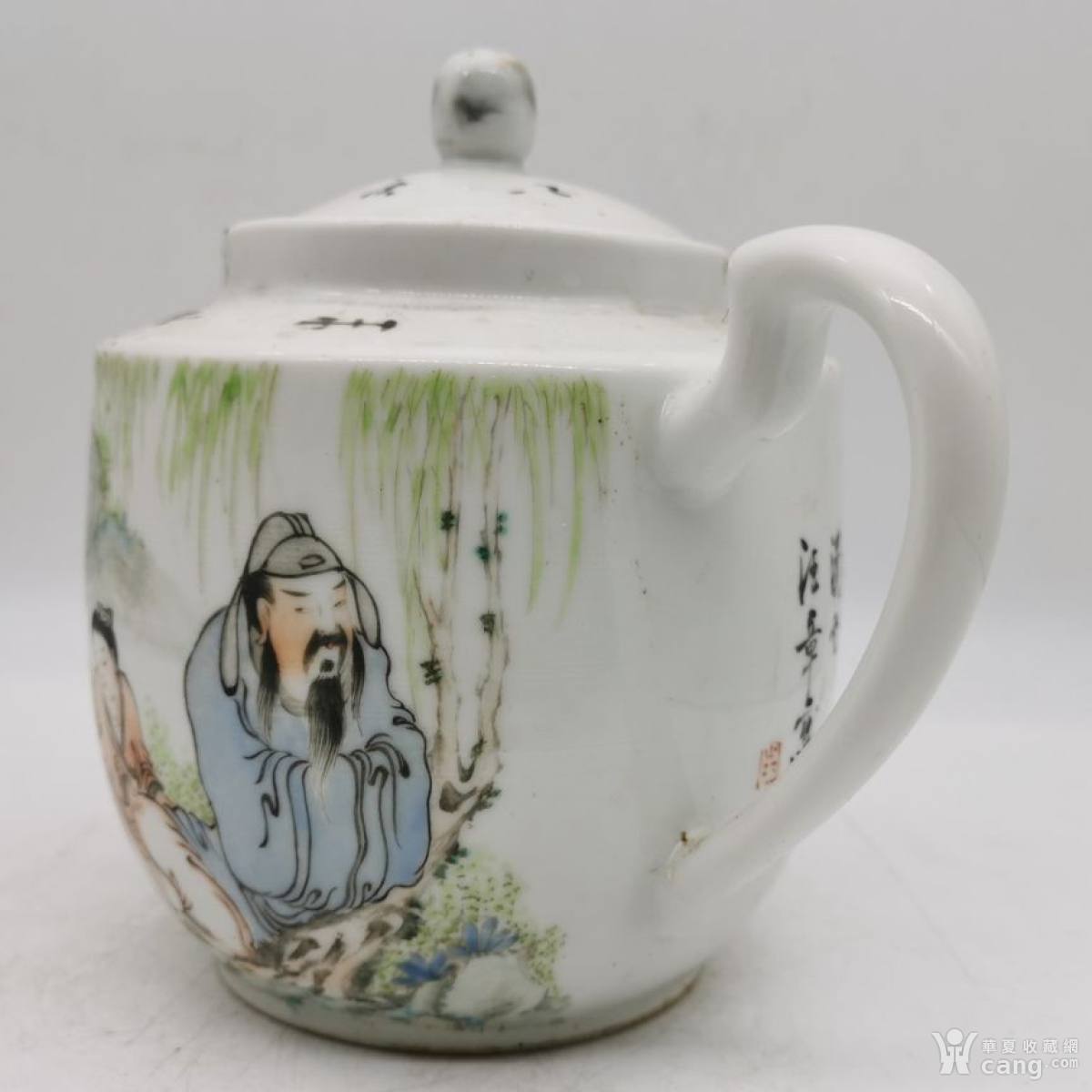 清代名家汪章浅降彩人物茶壶古玩瓷器茶具瓷壶收藏老物件端把茶壶