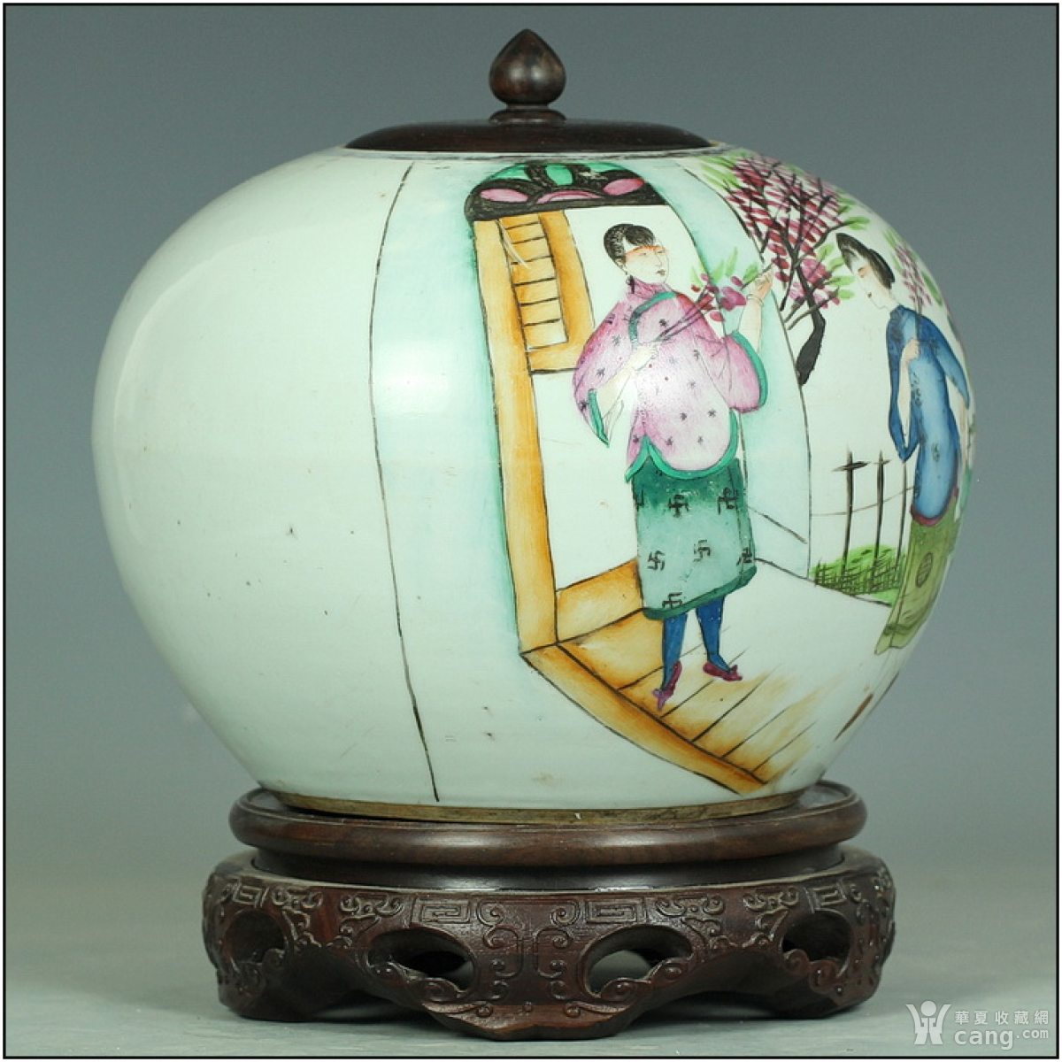 包真包老价超低!民国瓷绘名家刘和顺的时装人物粉彩西瓜罐