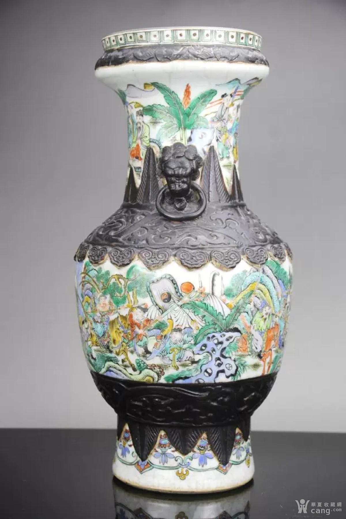 清咸丰精品哥釉五彩人物故事纹兽耳盘口大瓶 古董古玩古瓷器收藏