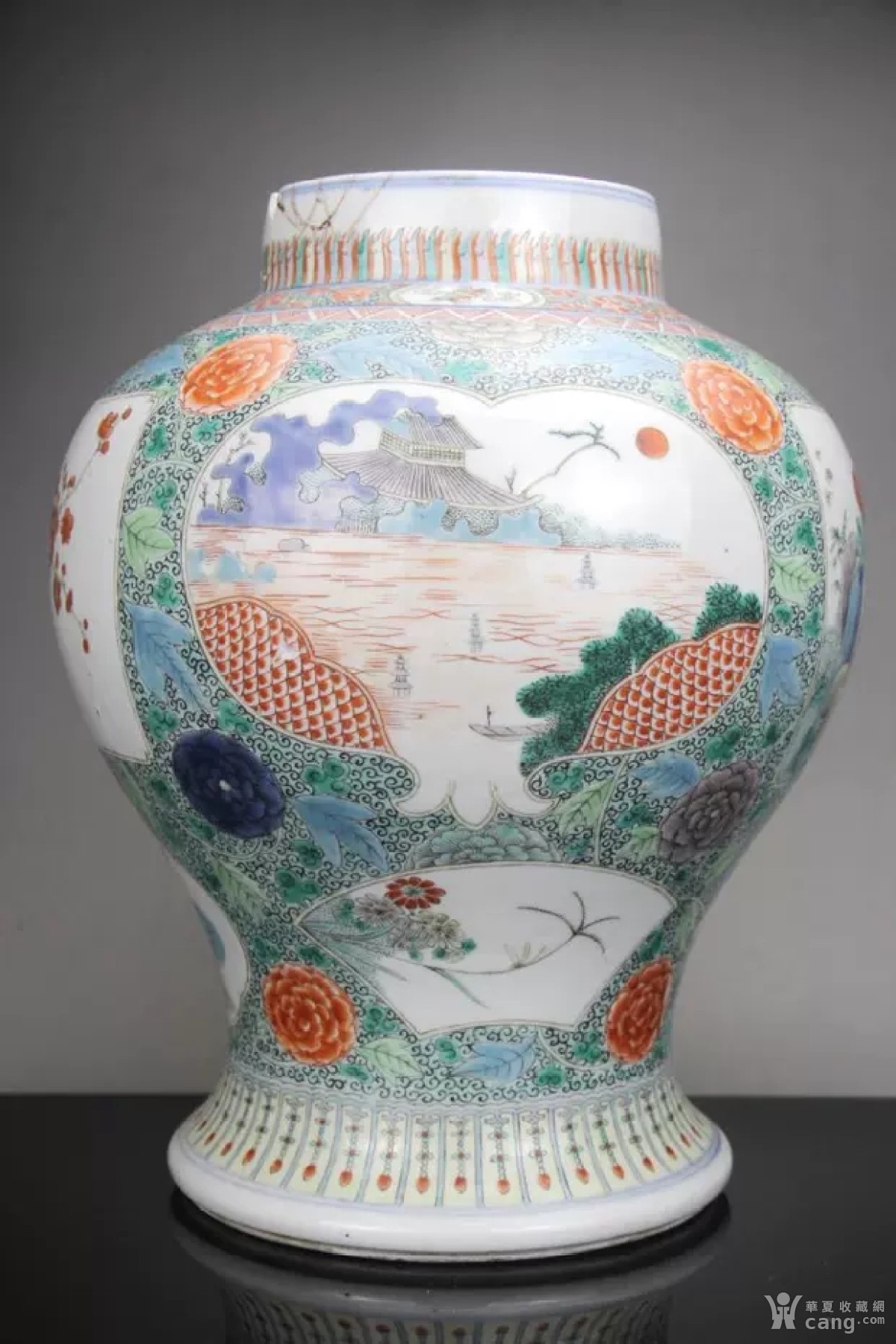 清光绪精仿康熙五彩山水花卉纹大将军罐 古董古玩古瓷器收藏品