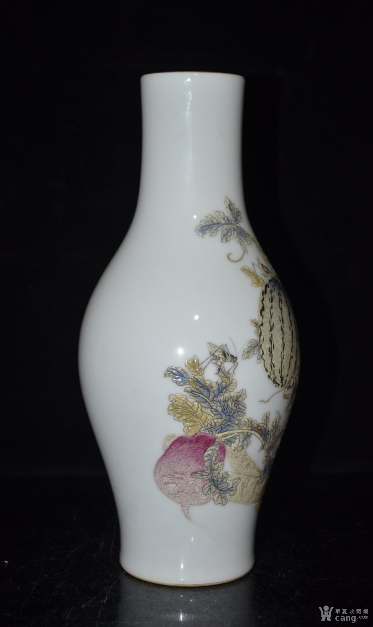 清雍正古月轩珐琅彩蔬菜瓜果纹橄榄瓶一对;26.5x12