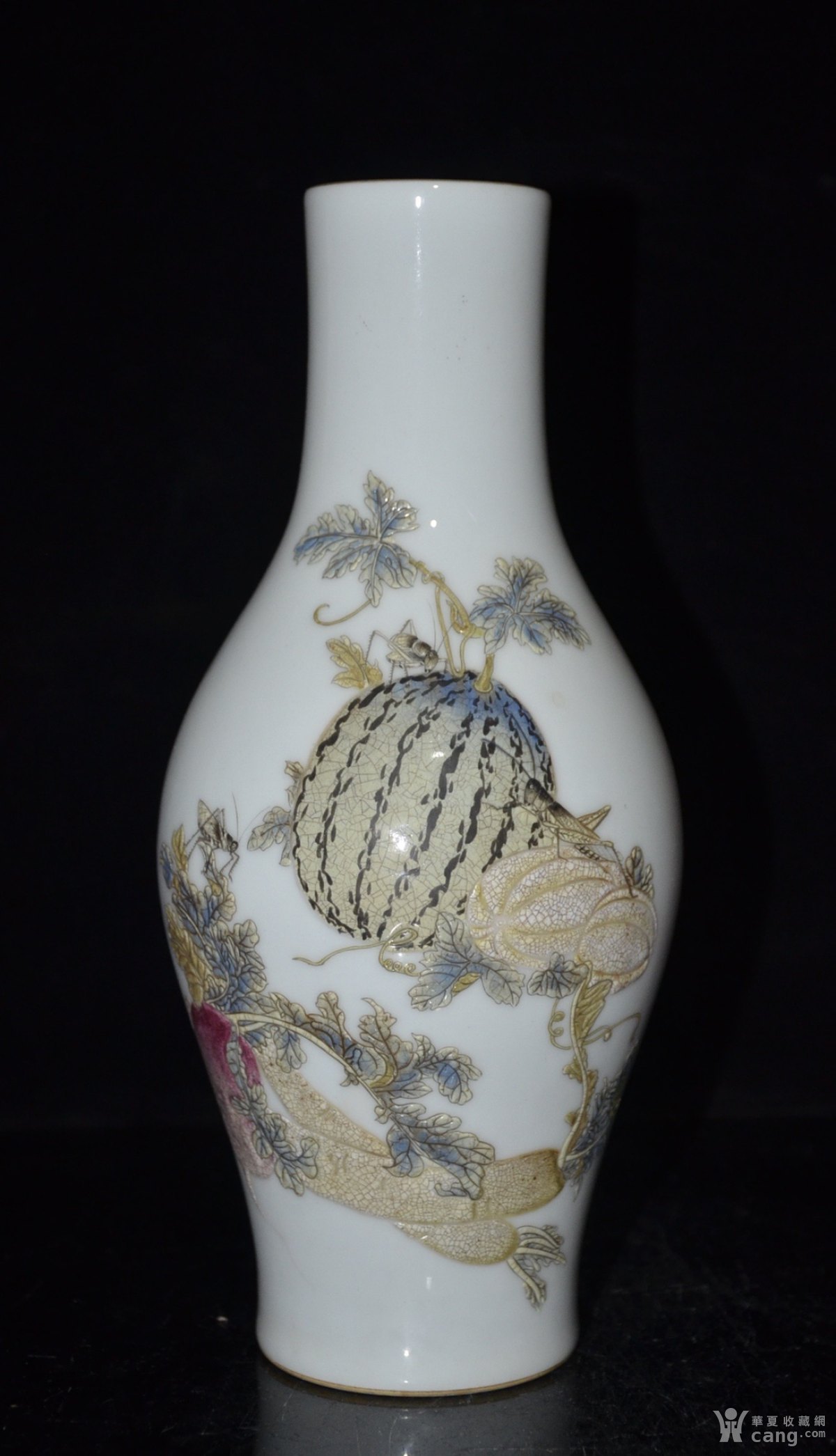 清雍正古月轩珐琅彩蔬菜瓜果纹橄榄瓶一对;26.5x12