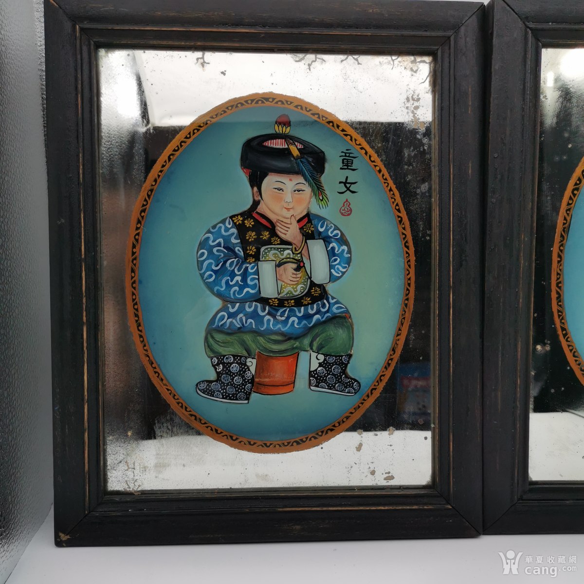 清代童子玻璃画一对人物画像