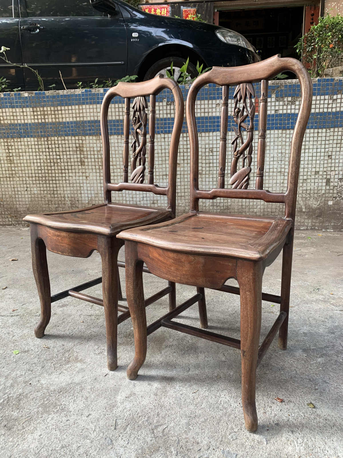 清代老红木酸枝 竹节纹靠背椅一对