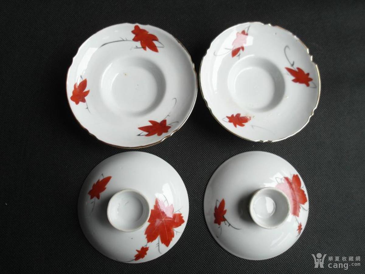 民国粉彩红枫叶三件套盖碗三才碗茶碗