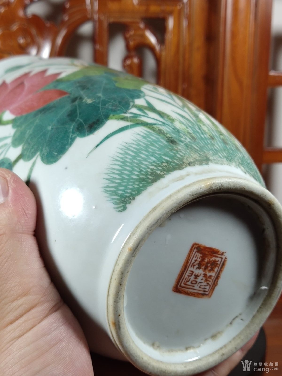 晚清民国名家陈光辉油彩荷花诗词棒槌瓶花瓶