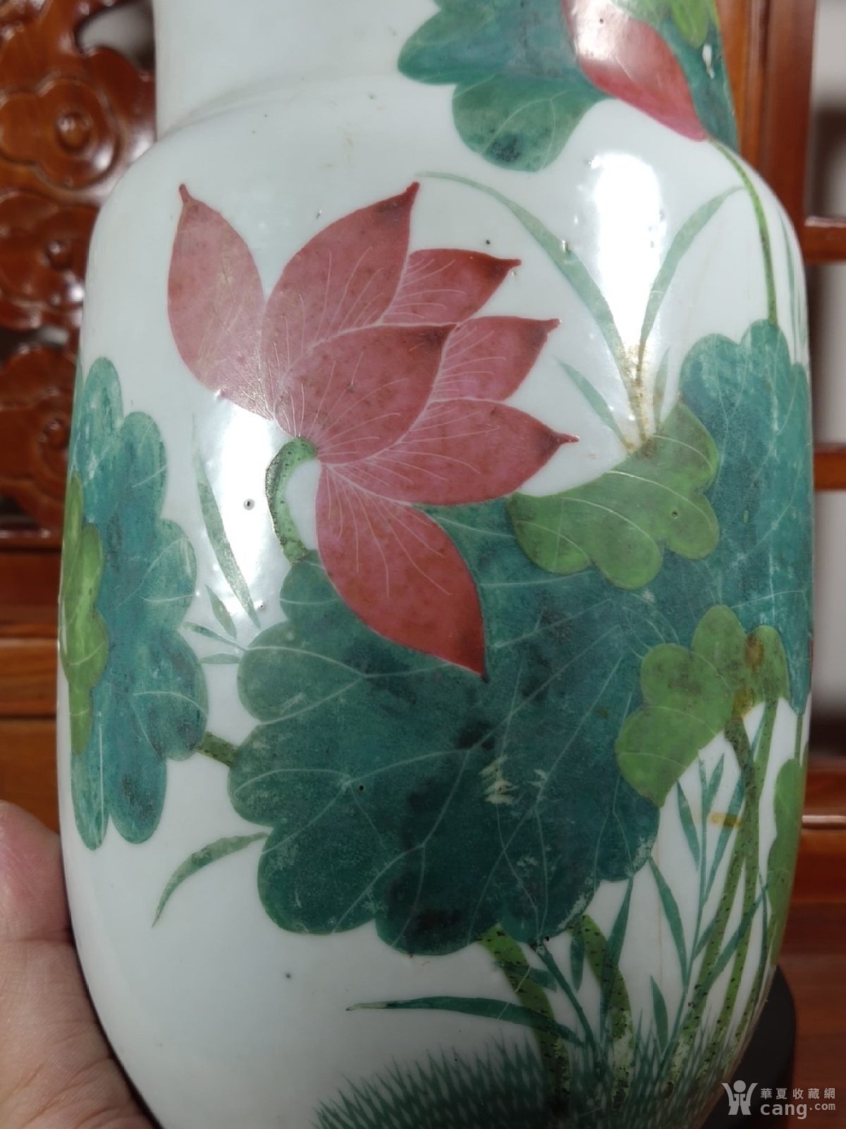 瓷器 民国 晚清民国名家陈光辉油彩荷花诗词棒槌瓶花瓶  支持老货,不