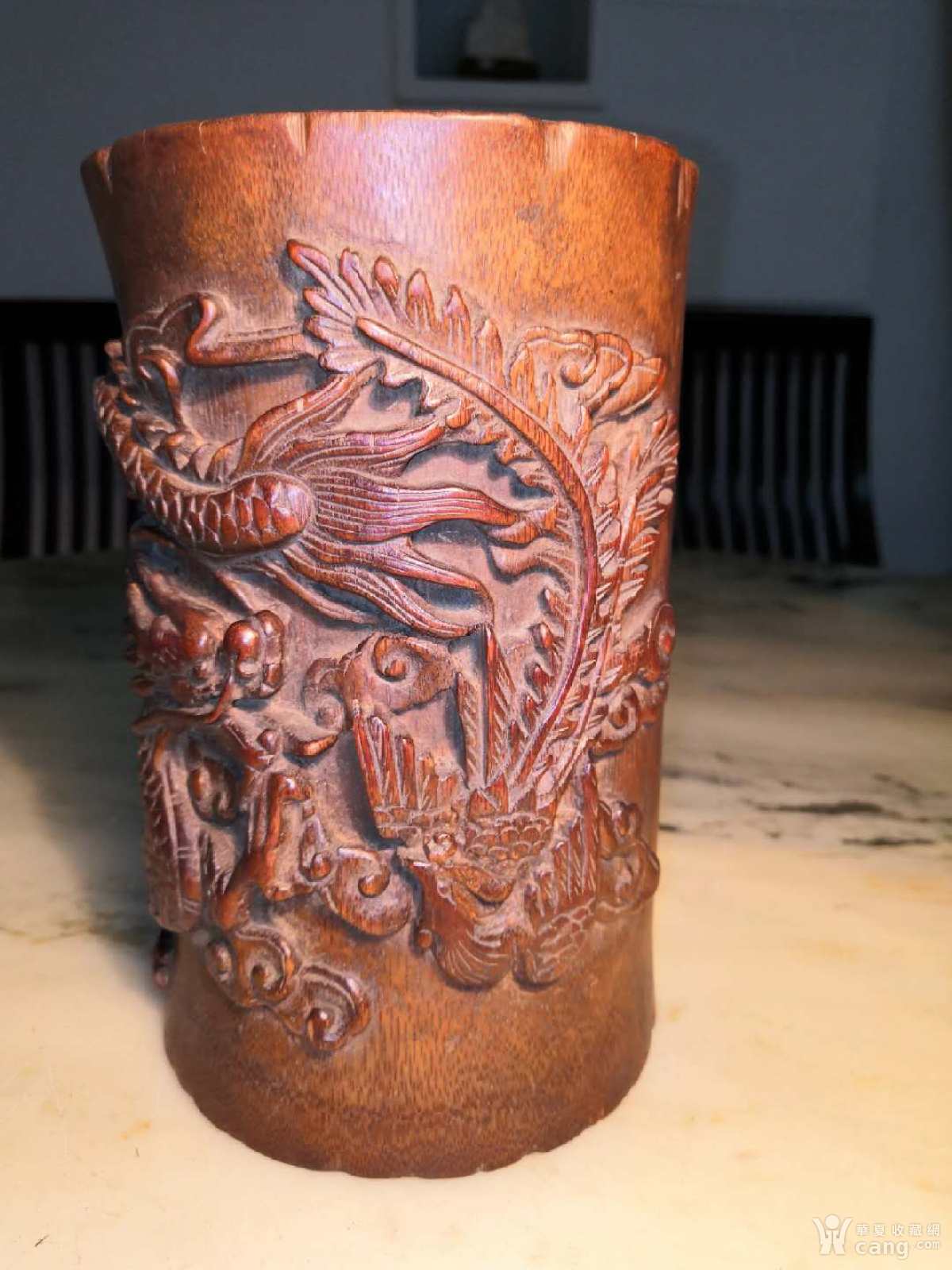 2540晚清民国高浮雕龙凤竹笔筒