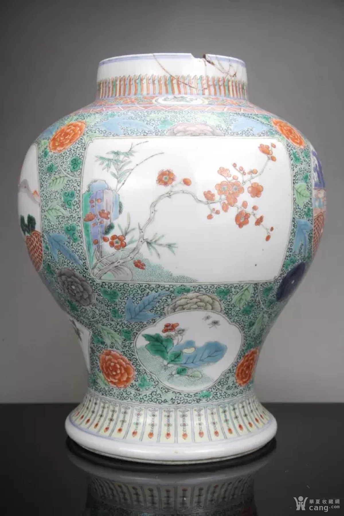 清光绪精仿康熙五彩山水花卉纹大将军罐 古董古玩古瓷器收藏品