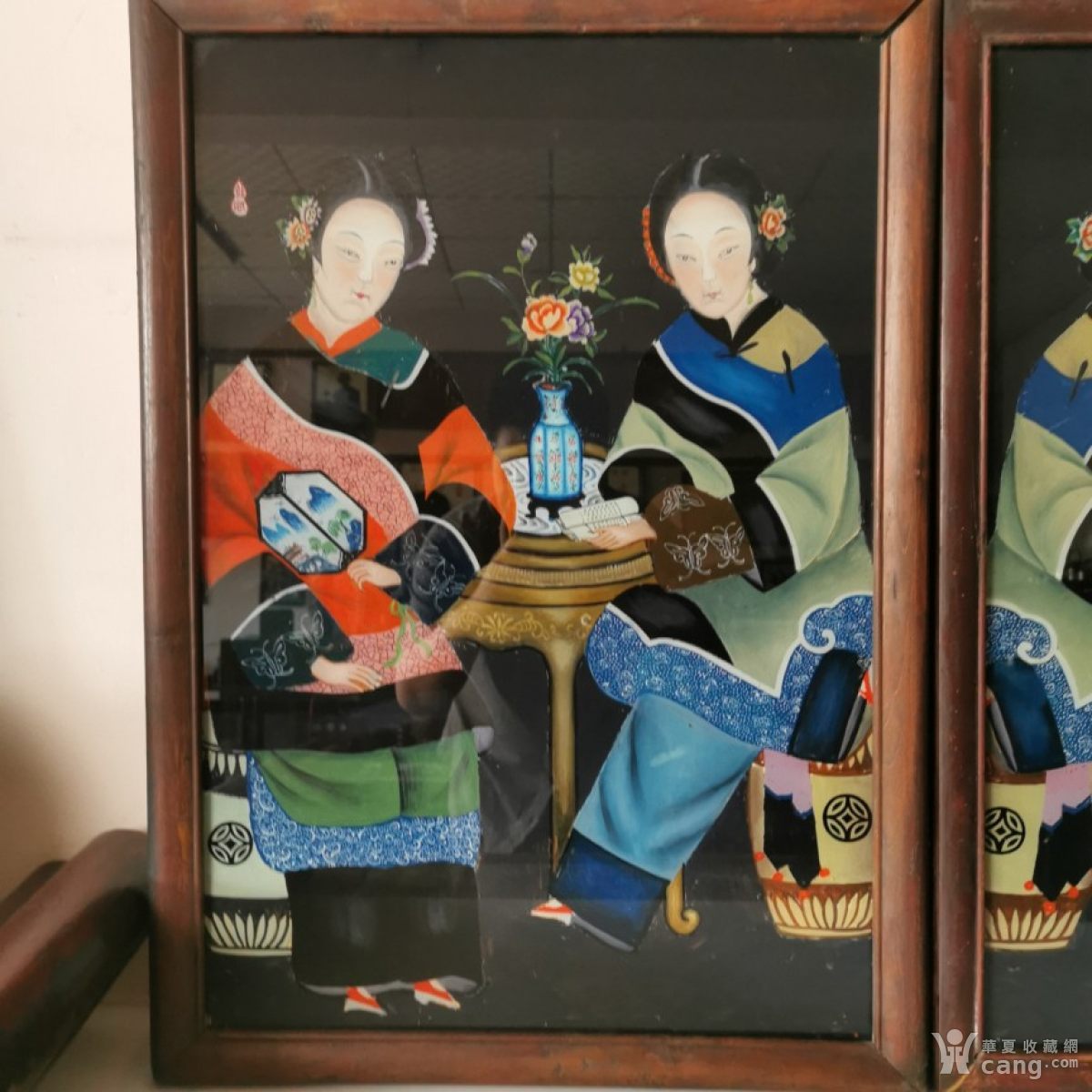 清代美人镜仕女玻璃画反手画美人玻璃画