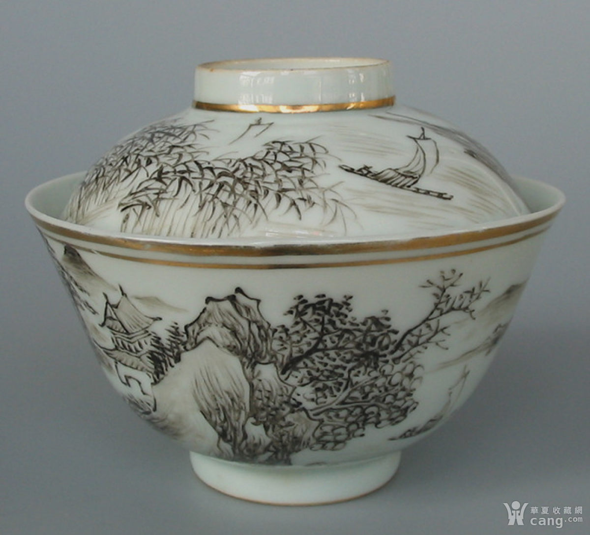 瓷器 民国 瓷绘名家仙槎(映莲轩)绘细路墨彩山水纹定制盖碗一套 报价