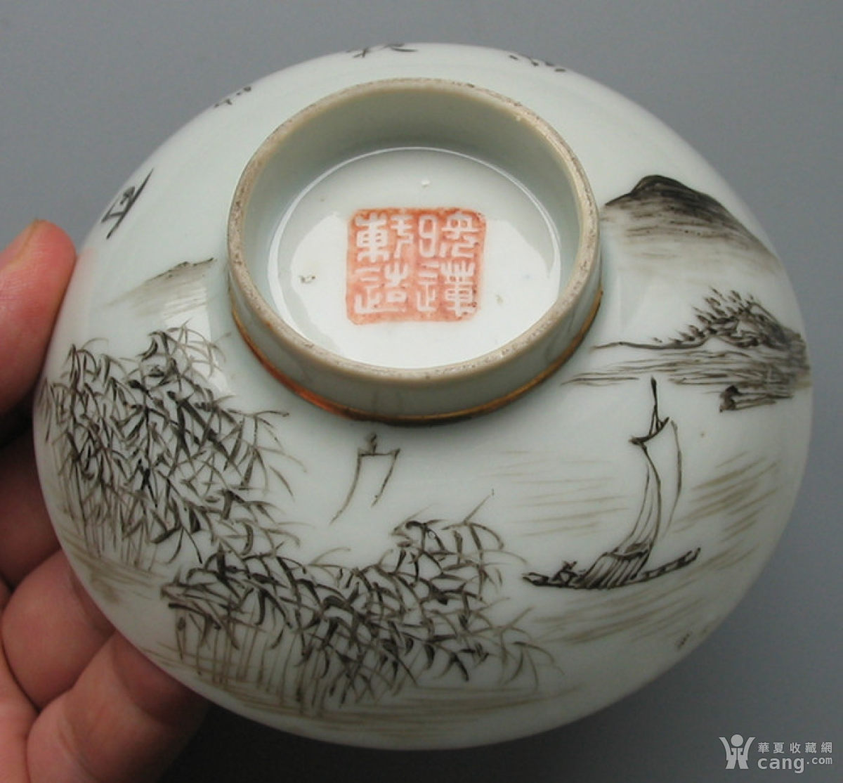 瓷绘名家仙槎(映莲轩)绘细路墨彩山水纹定制盖碗一套