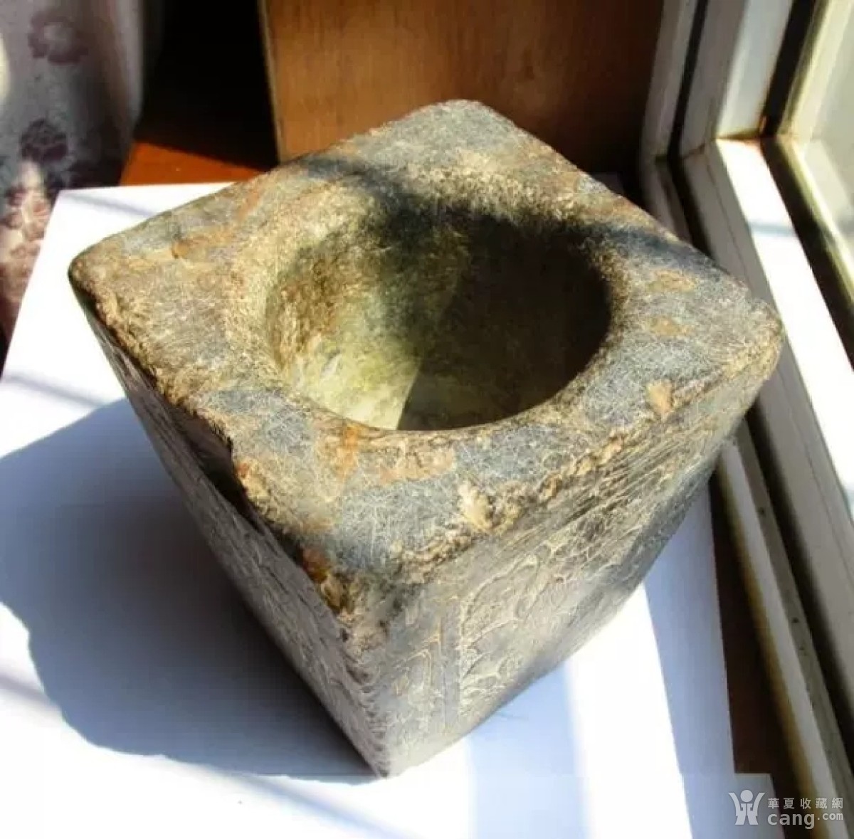 包老包真清代松竹梅荷四方青石石臼 古玩杂项物件 古董收藏石器