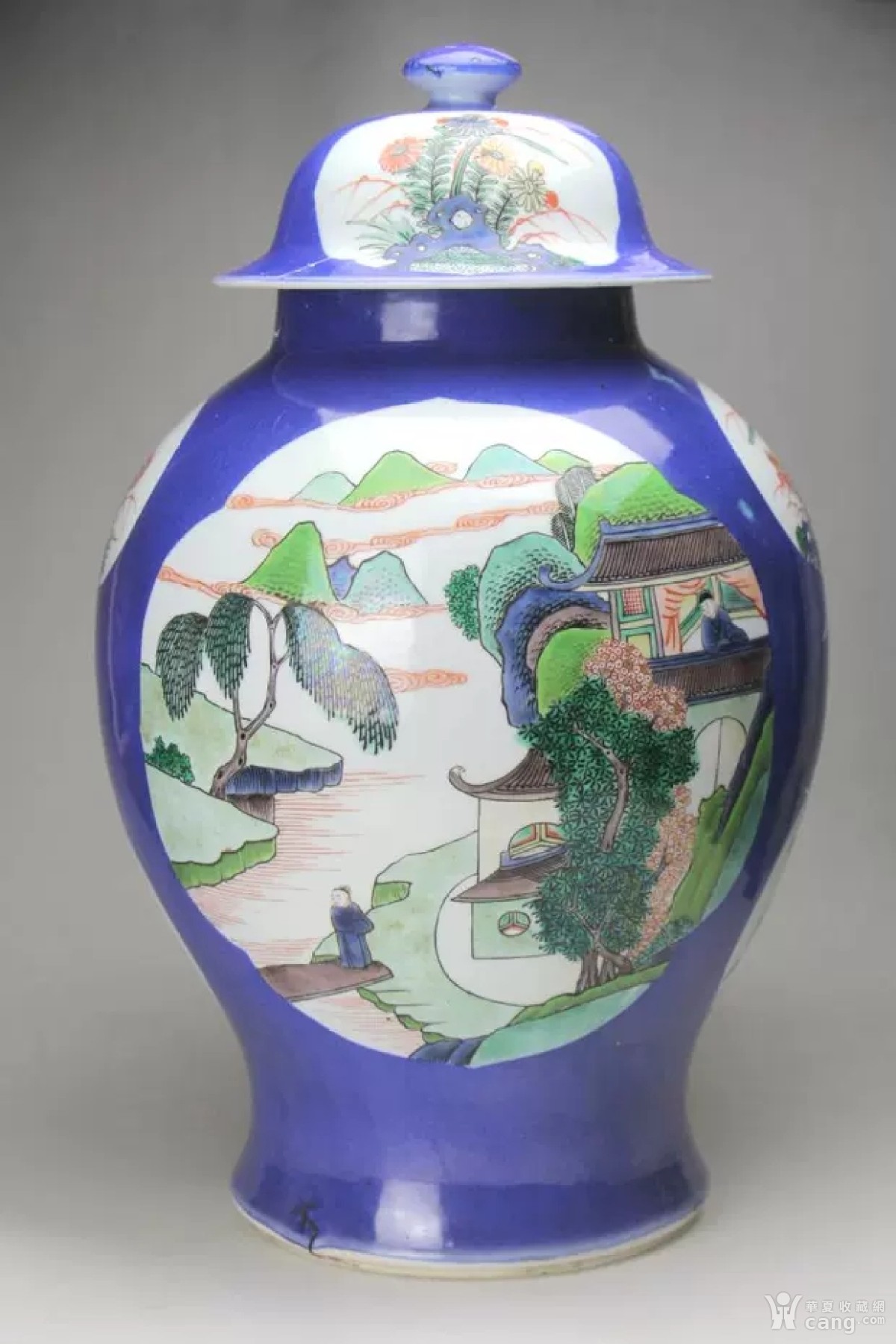 晚清精品洒蓝釉开窗五彩人物故事纹大将军罐 古董古玩古瓷器收藏