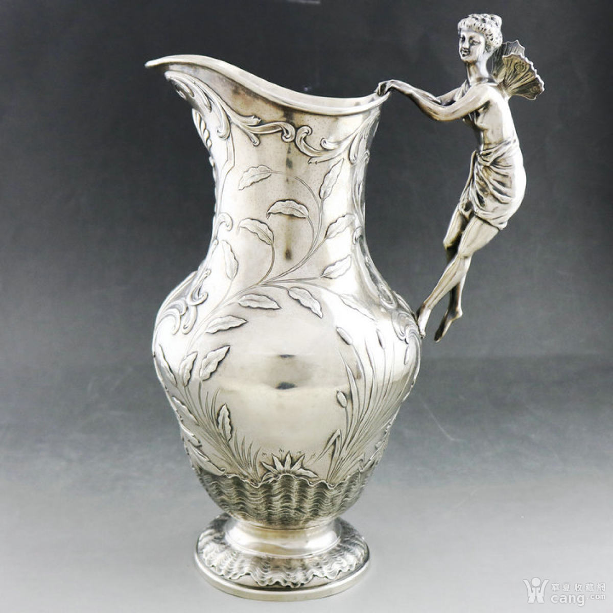【西洋古董银器】19世纪法国洛可可卷纹枝叶雕花纯银水壶/盆