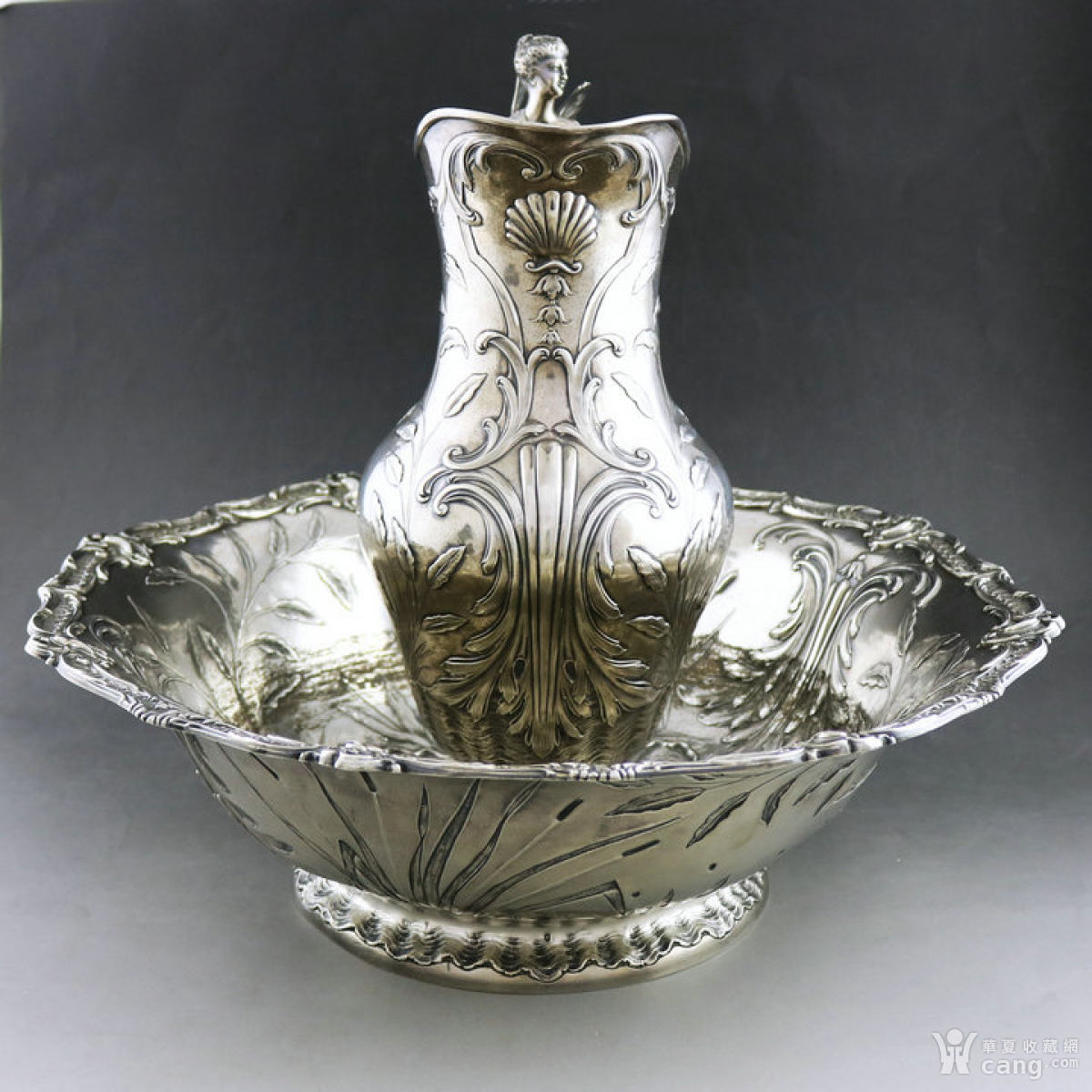 【西洋古董银器】19世纪法国洛可可卷纹枝叶雕花纯银水壶/盆