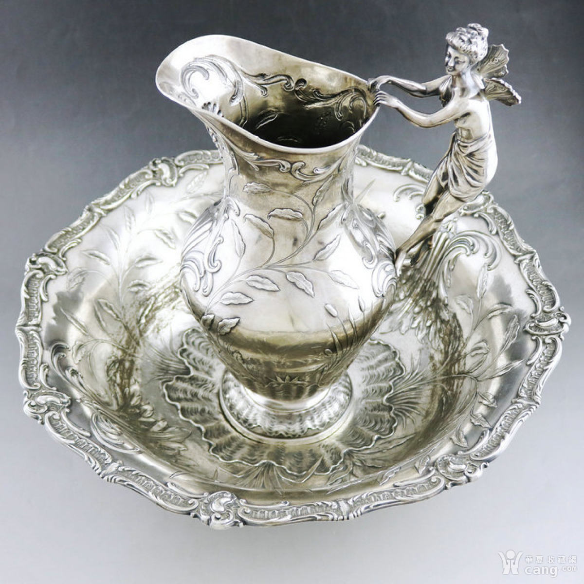 【西洋古董银器】19世纪法国洛可可卷纹枝叶雕花纯银水壶/盆