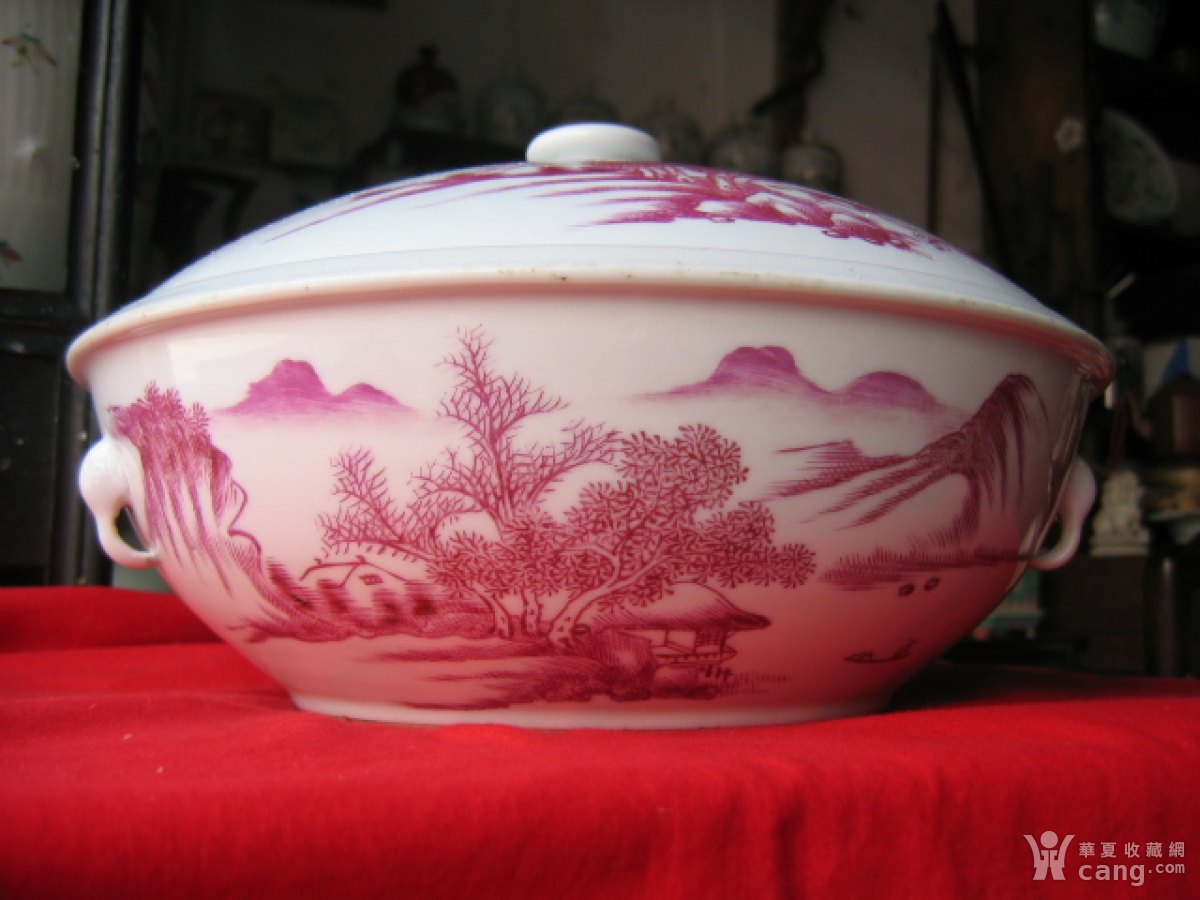 瓷器 民国 民国胭脂红粉彩山水人物纹一品锅(包老) 藏品尺寸/规格