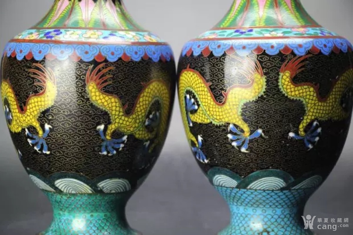 民国铜胎景泰蓝双龙抢宝纹瓶一对 古董古玩古瓷器收藏品包老保真