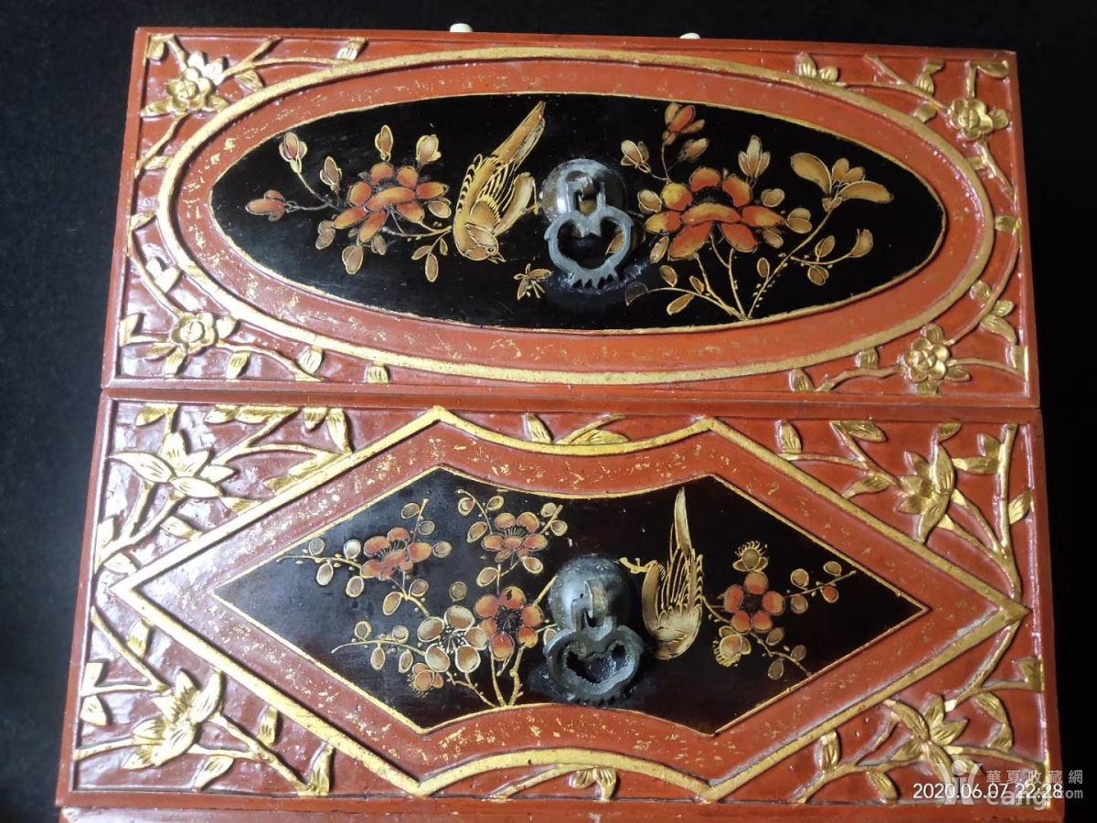 描金花鸟漆画老抽屉板,老木雕花板古董老家具构件古玩民俗老物件