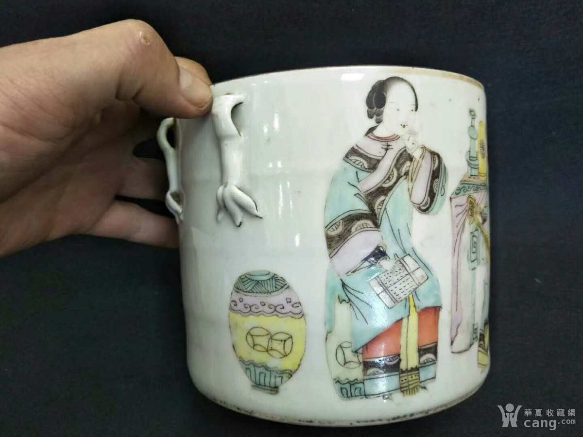 瓷器 清 清晚名家"徐子祥"浅绛二乔人物竹节罐底.