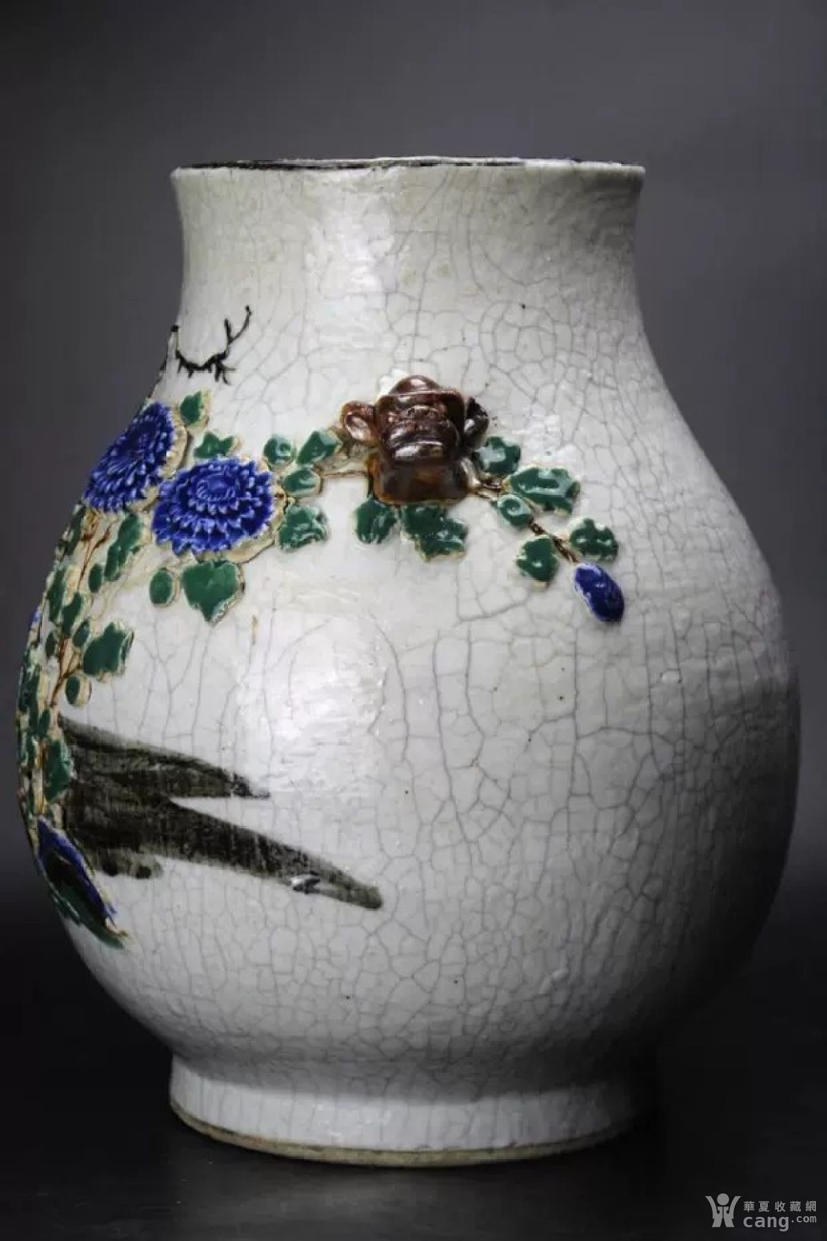 晚清精品哥釉堆塑五彩牡丹花卉纹兽耳大尊 古董古玩古瓷器收藏品