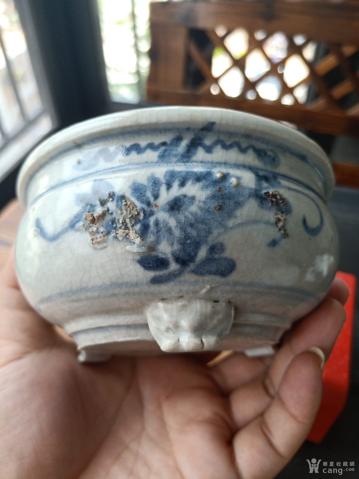明末德化窑青花兽头三足香炉