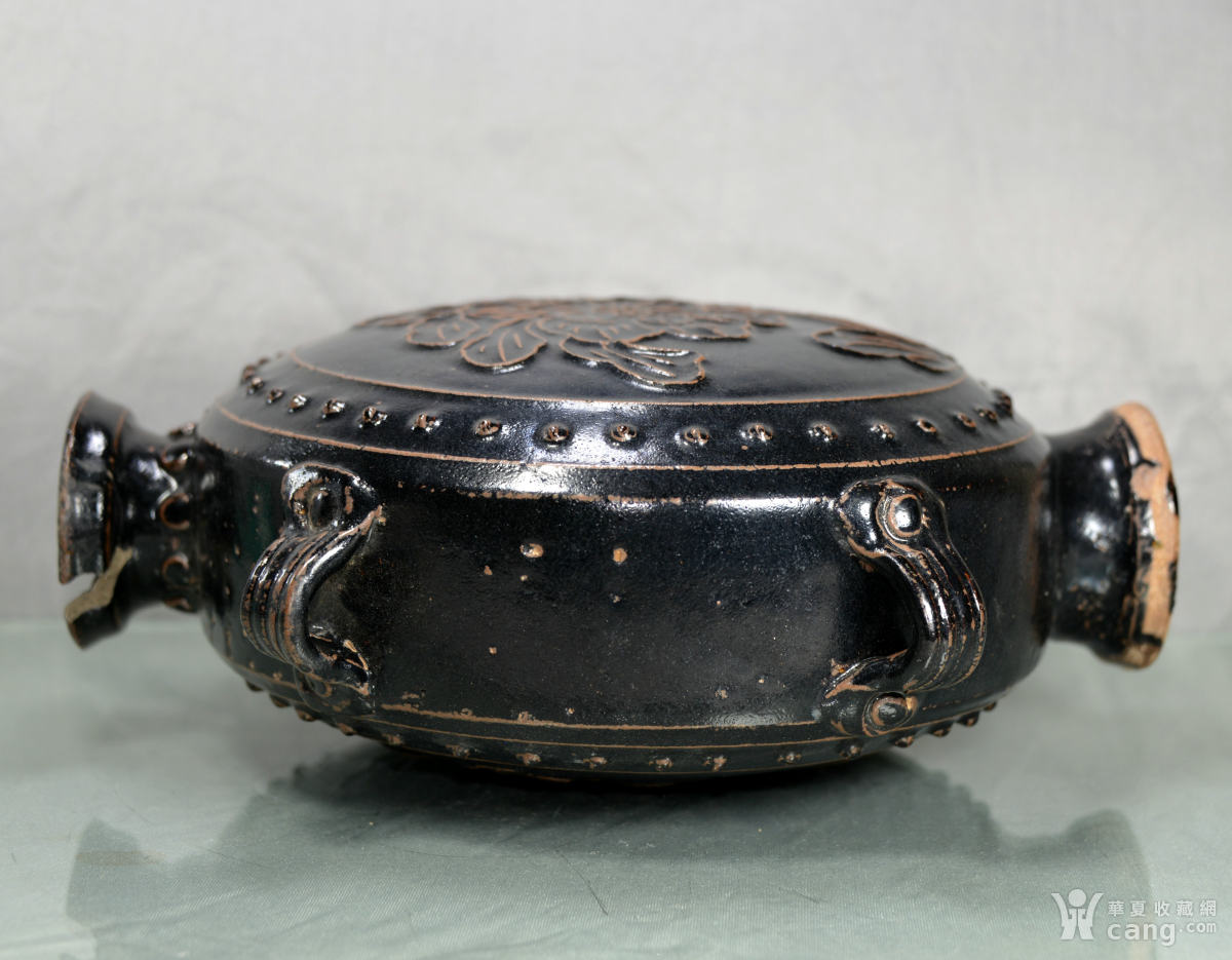 黑釉鼓钉花卉四系扁瓶(古254)