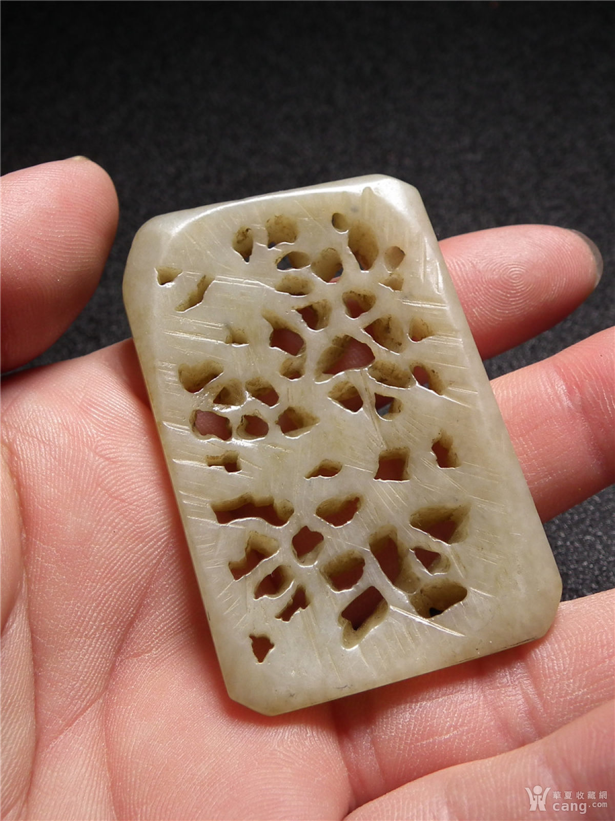 仿古工艺品 玉器 和田青白玉拉丝工胡人灵芝方形大带饰镶嵌件 和田青