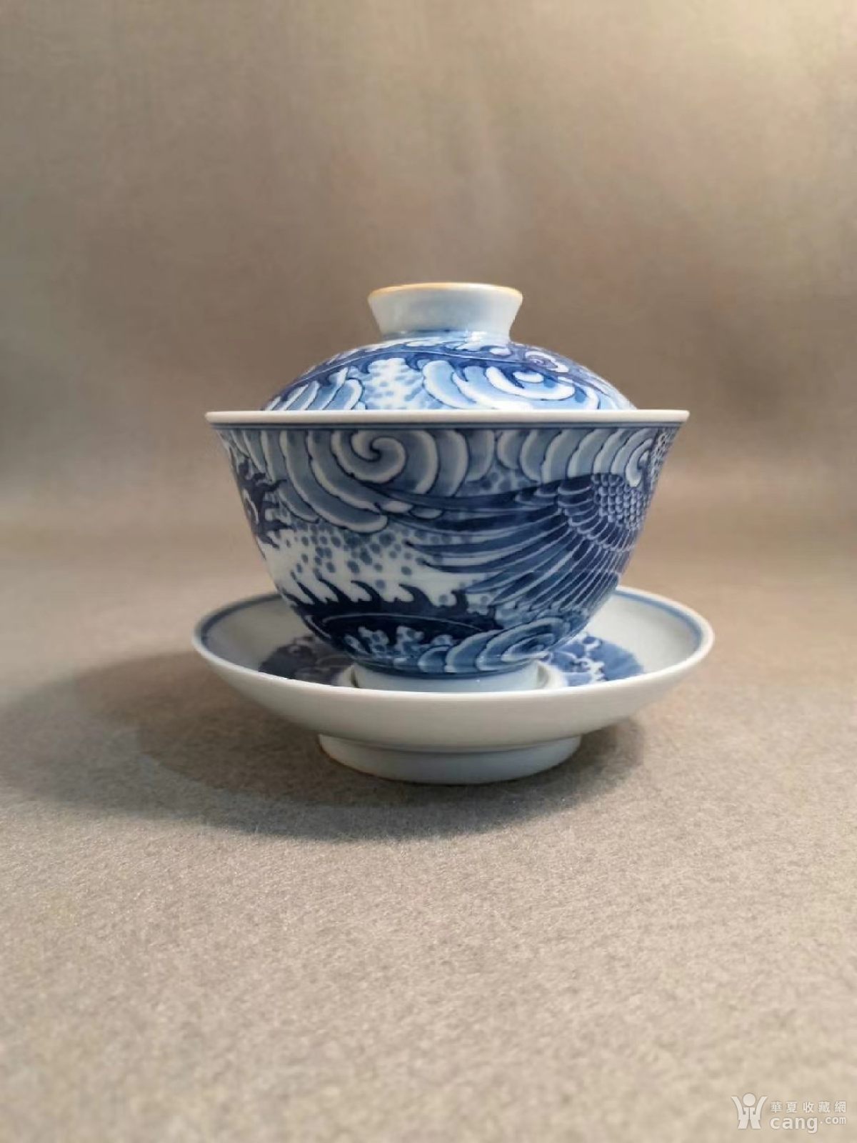 寒窑款青花凤凰盖碗