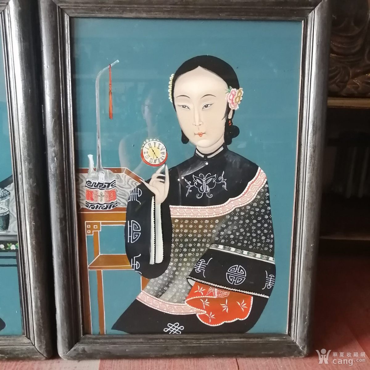 美女玻璃画一对仕女玻璃画人物反手画