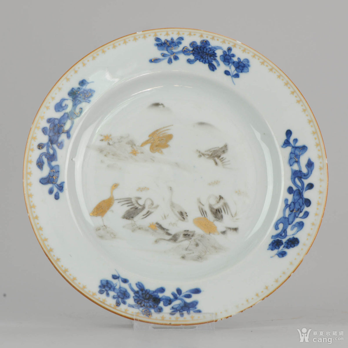 清雍乾 青花墨彩描金飞鸣食宿纹盘
