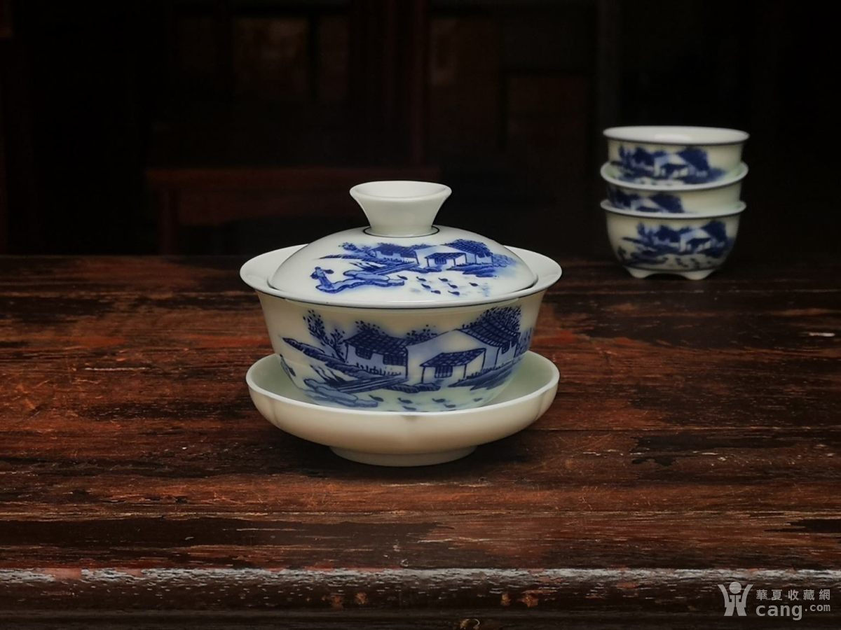 瓷器 其它 手绘山水盖碗景德镇三才泡喝茶碗大号功夫茶杯茶具白瓷青花