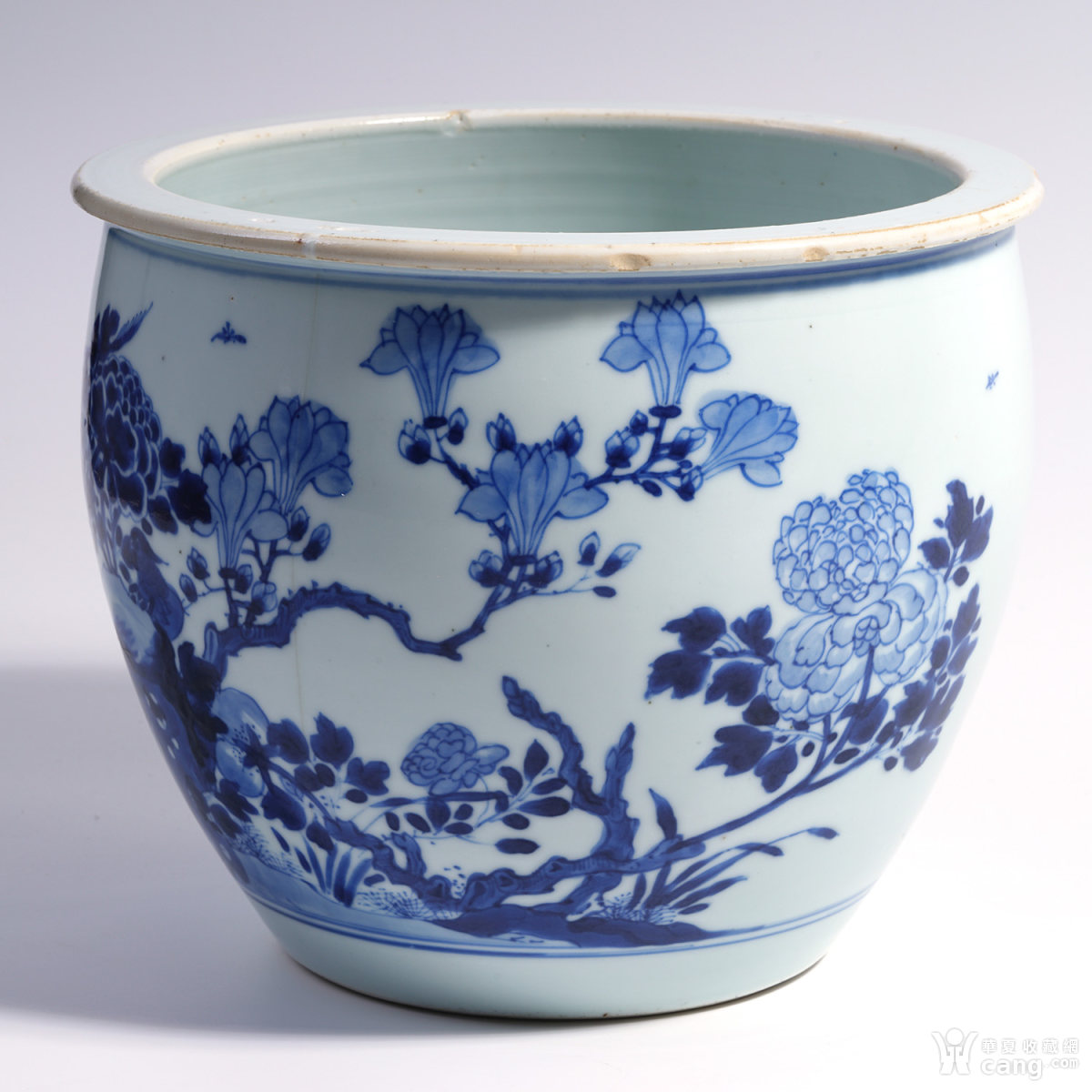 清康熙 青花雉鸡牡丹纹卷缸