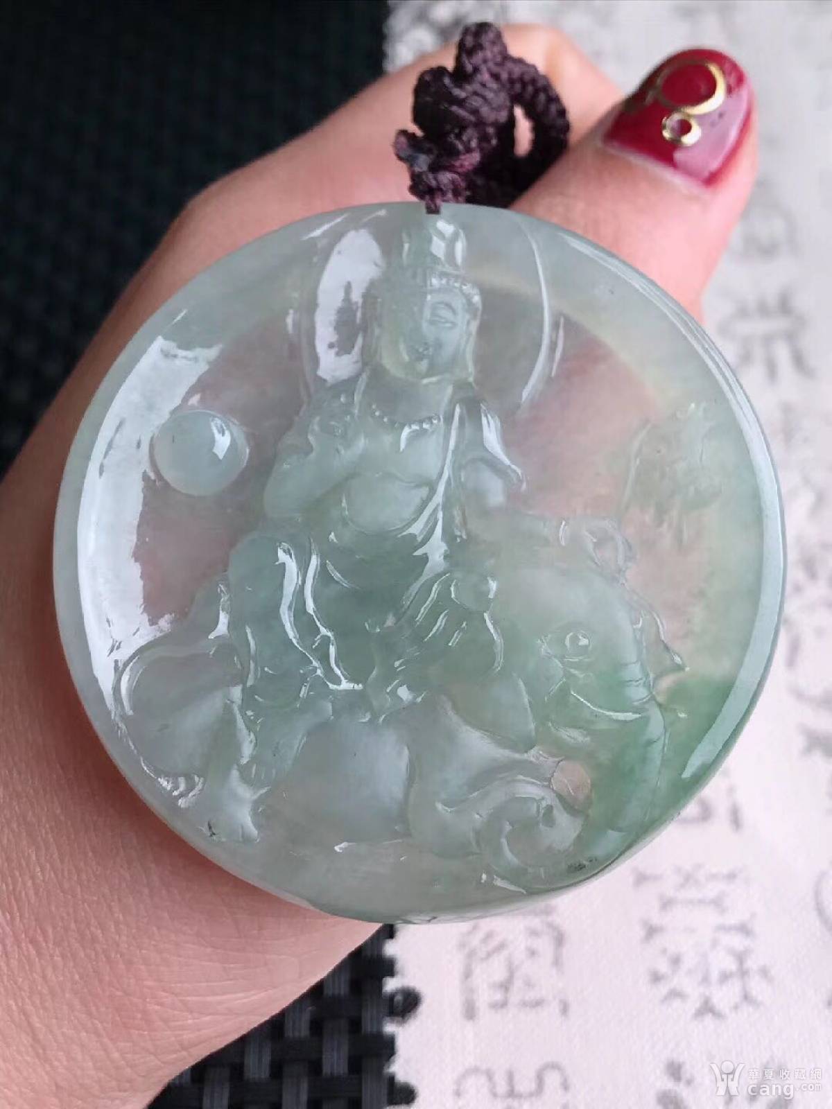 翡翠a货冰种起胶磨砂普贤菩萨吊坠