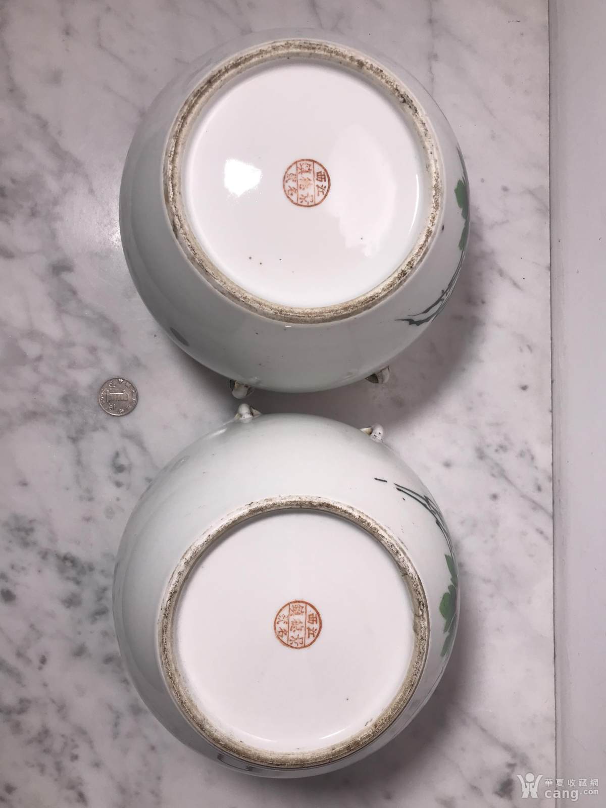 解放初江西景德镇名瓷喷彩加手绘成对花鸟盖缸