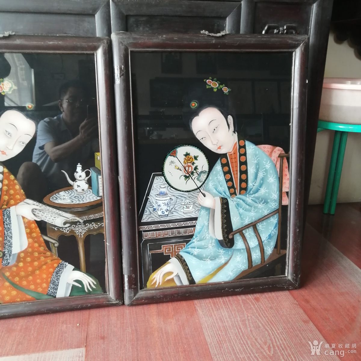 清代玻璃画油画美人镜一对