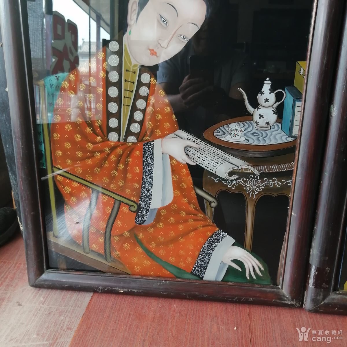 清代玻璃画油画美人镜一对