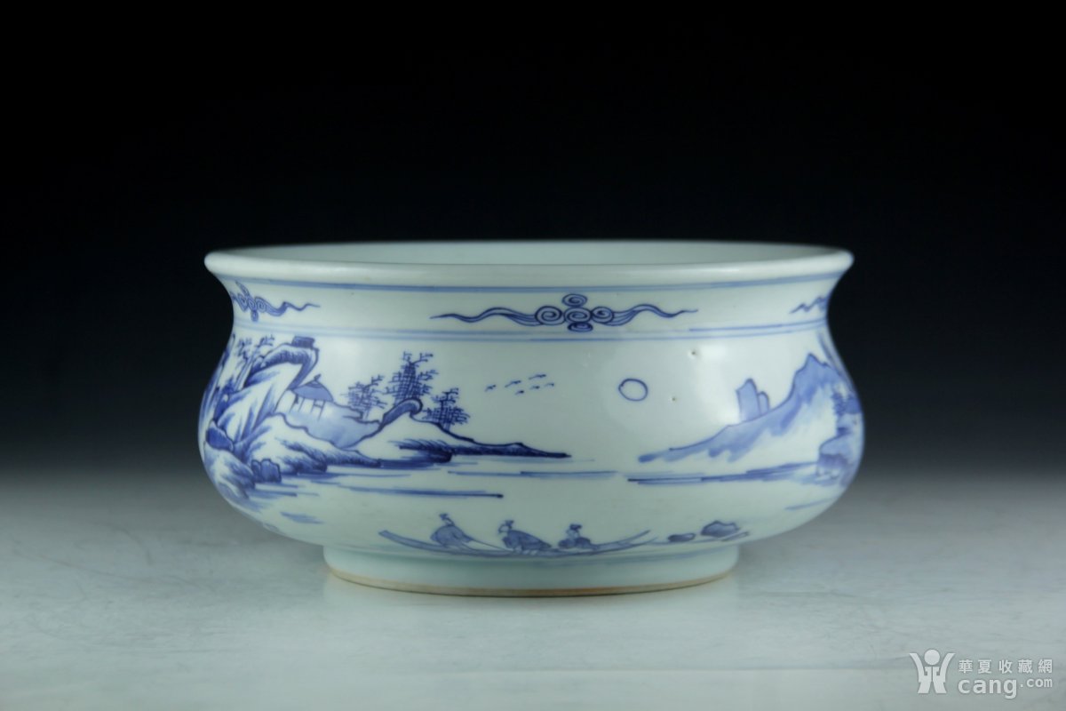 清康熙青花通景山水纹钵式炉