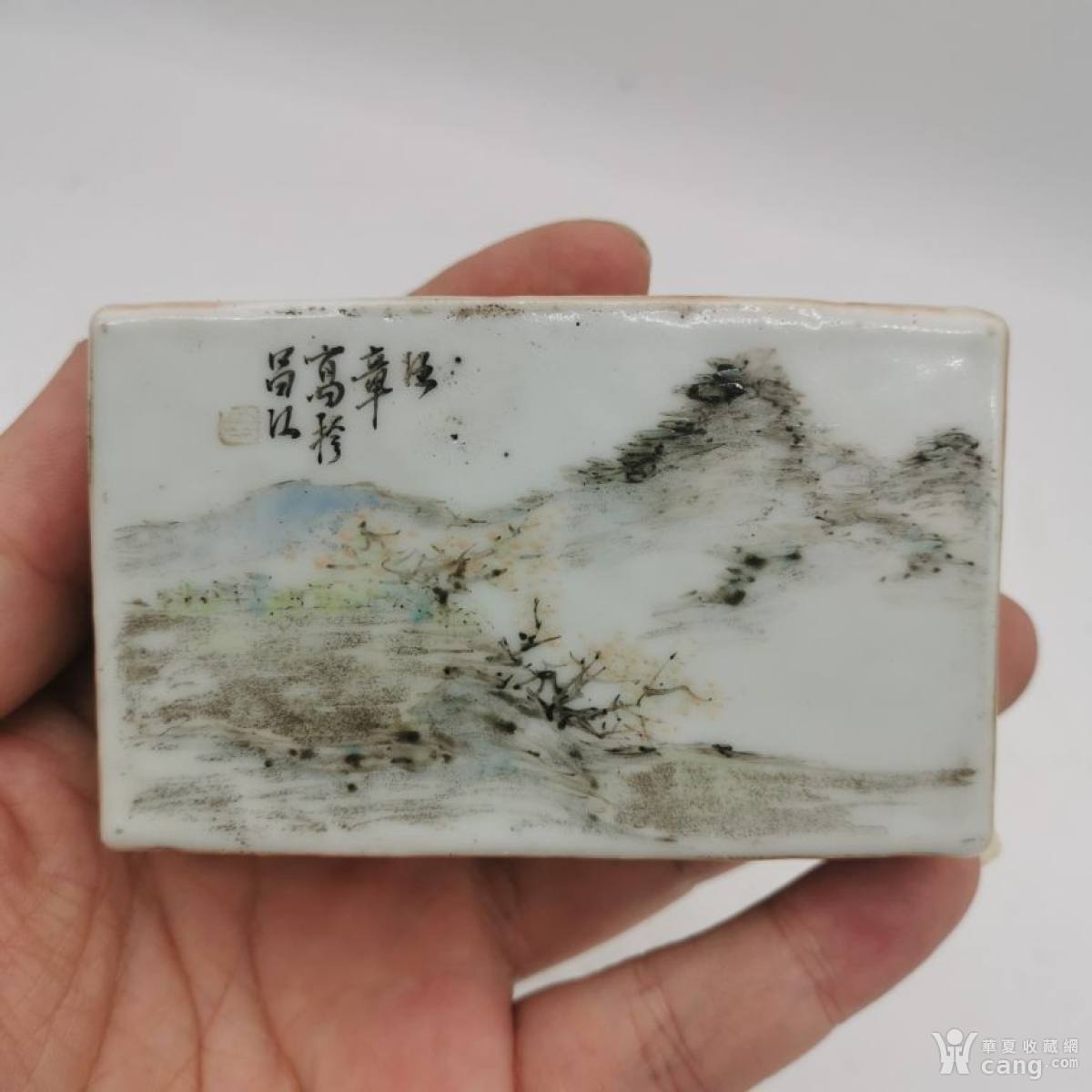 清代名家汪章浅绛彩山水瓷镇纸文房四宝瓷器镇尺压尺纸镇