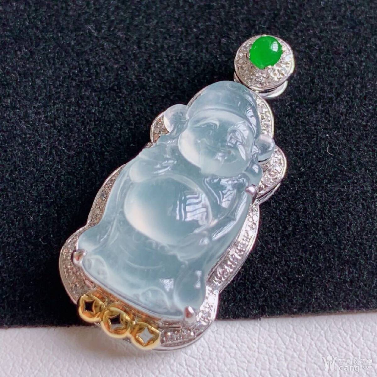 0720老坑冰种精美水润冰透a货翡翠18k金镶财神爷吊坠
