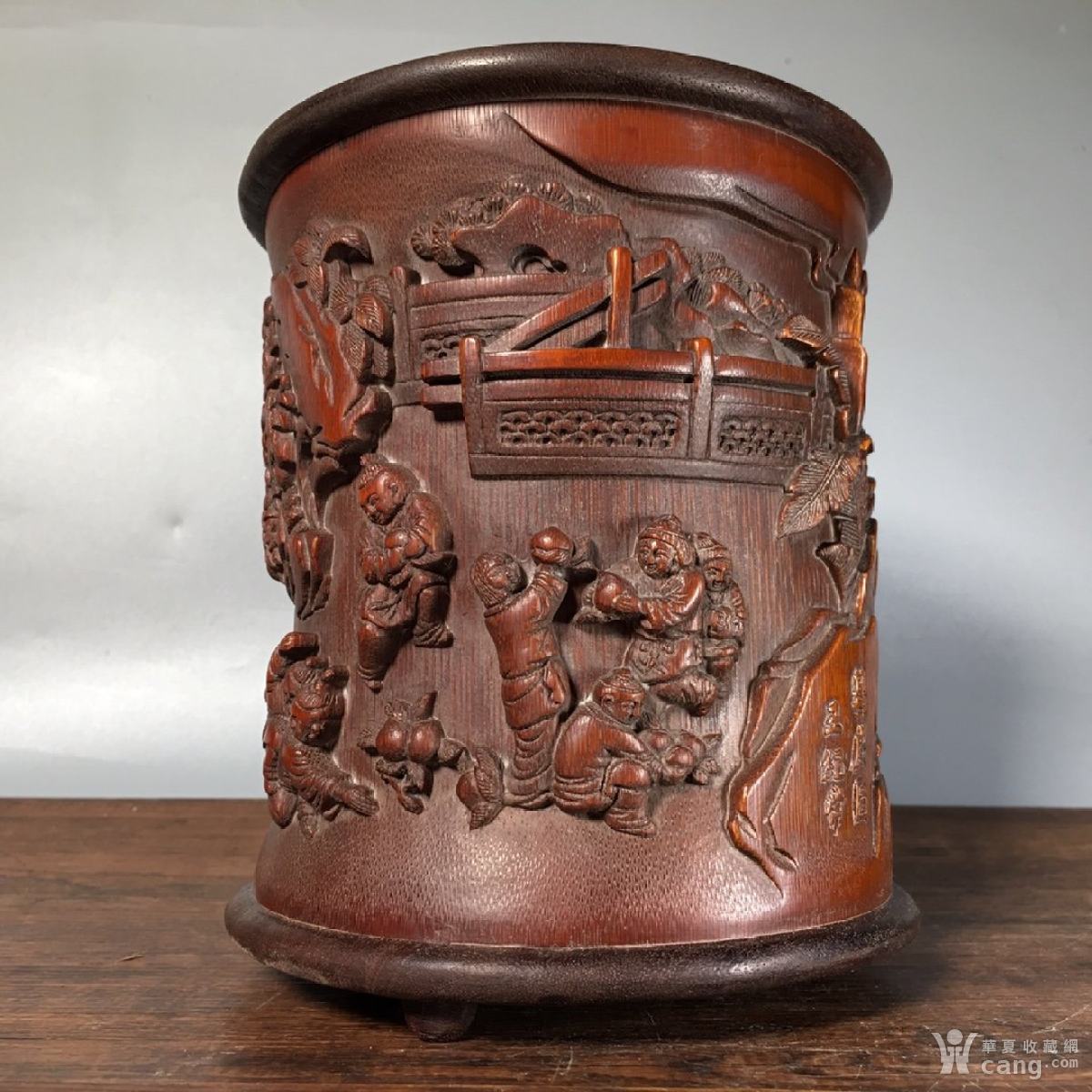 清代名家手工雕刻竹雕文房笔筒 神雕工