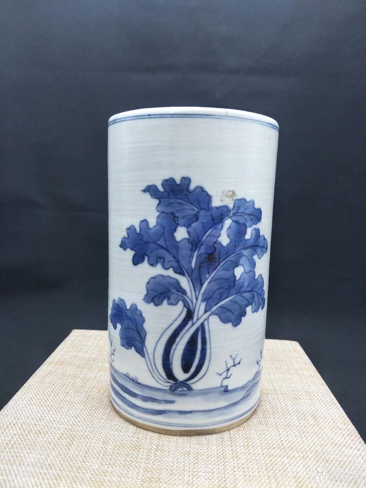 老清代青花瓷白菜图案小笔筒古董瓷器帽筒光绪年款文玩收藏