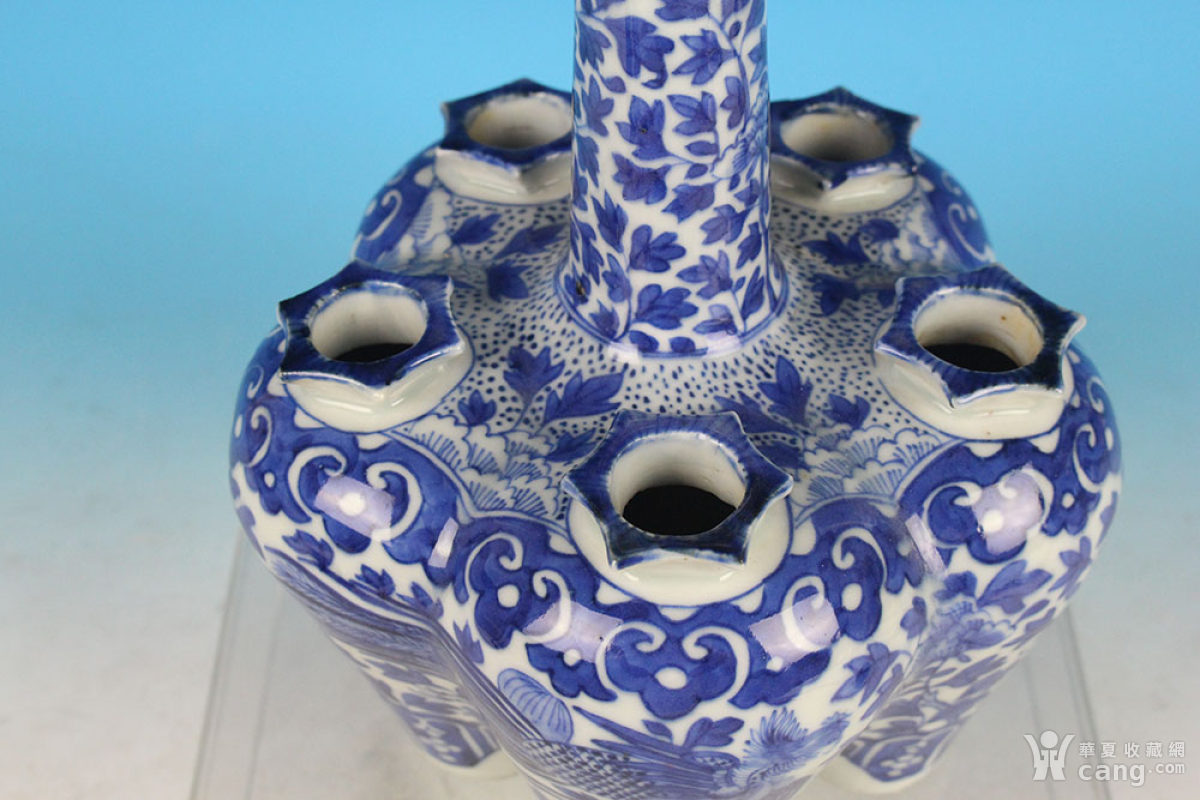 清晚期青花凤穿牡丹纹五管瓶