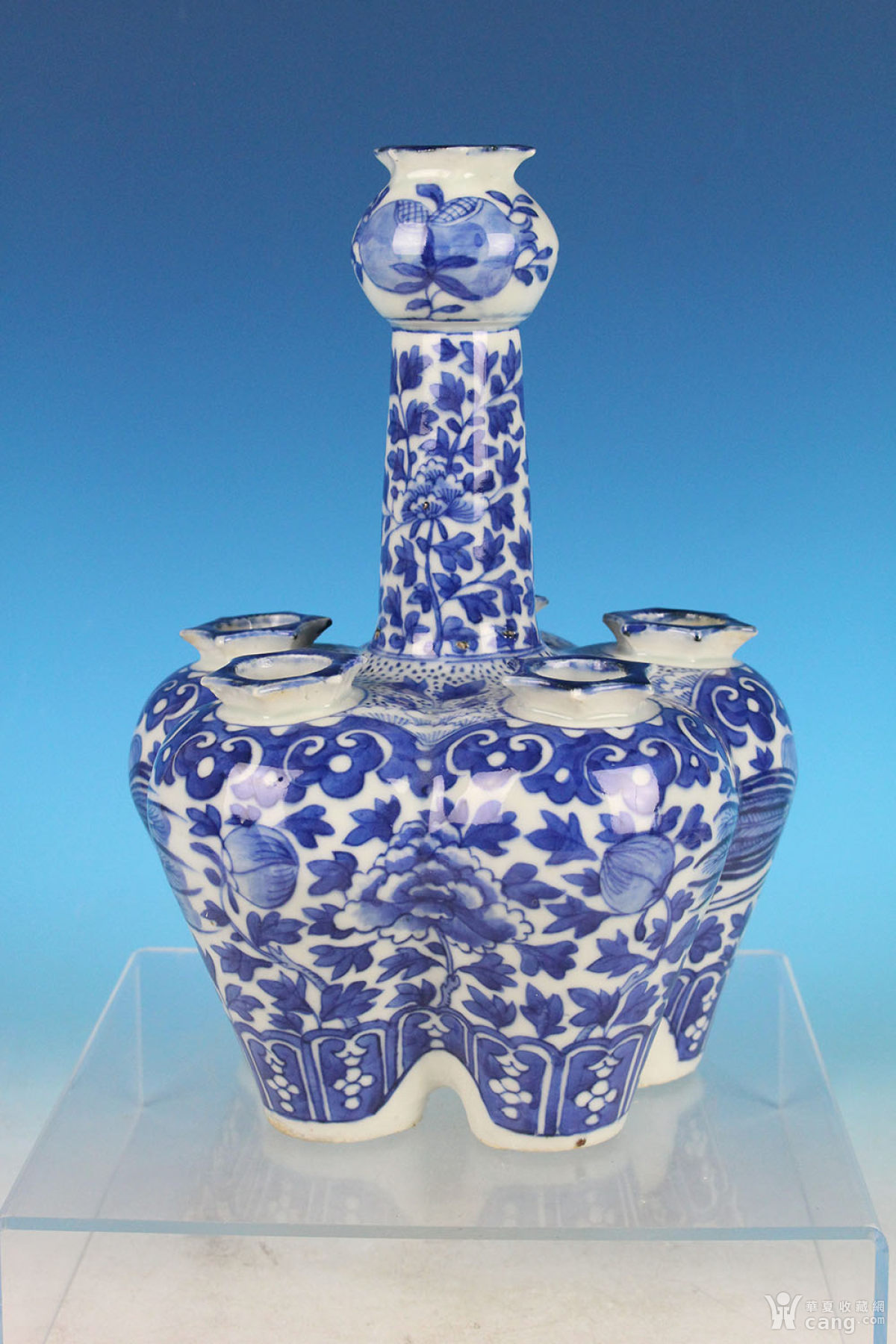 清晚期青花凤穿牡丹纹五管瓶