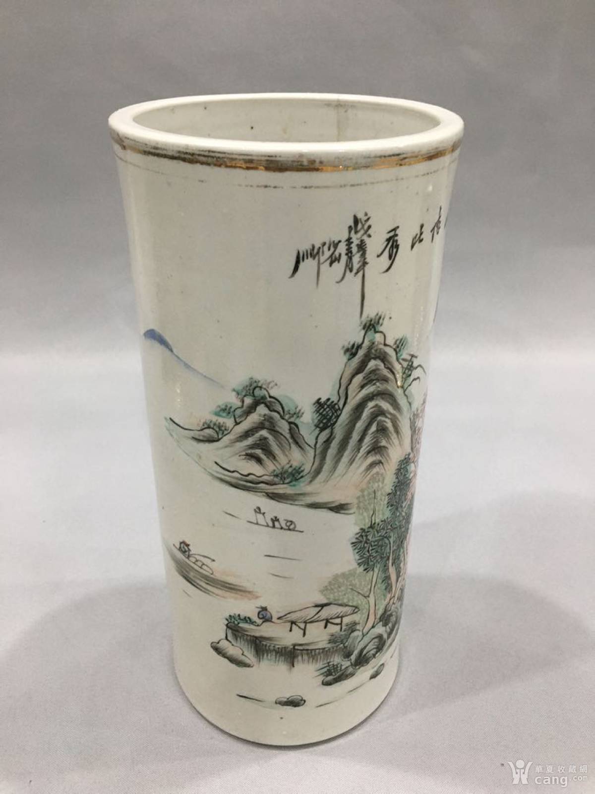 民国名家安少山浅绛彩山水人物帽筒