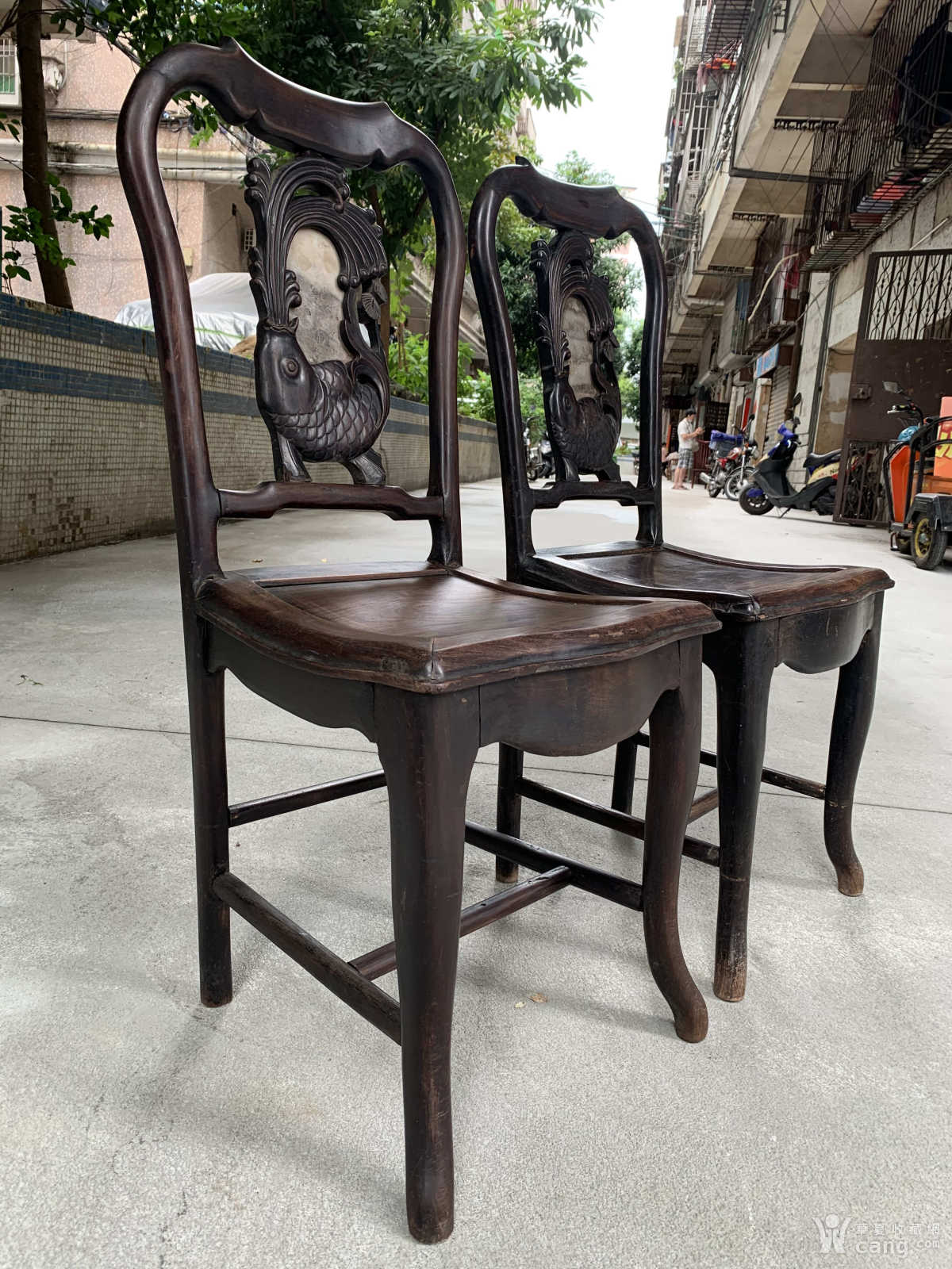 清代老红木酸枝 鲤鱼翻水纹靠背椅一对