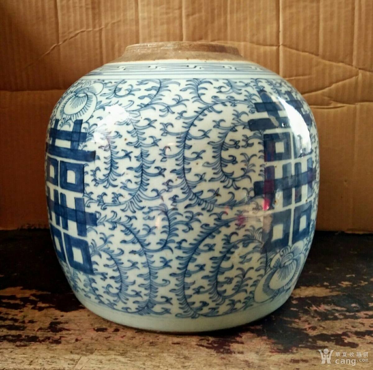 清中期青花细路四喜大号罐